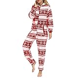Damen Winter Flanell PJ Set Frauen Weihnachten Einteiler Onsies Nachtwäsche Pyjama Kapuze Overall Strampler Nachtwäsche, Rote Schneeflocke, 36