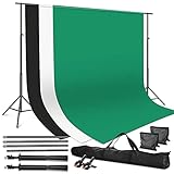 TYCKA Fotostudio Kit Hintergrund Unterstützungs Ständer System mit 3 Stück 2 * 3M Hintergrundstoff (weiß/schwarz/grün) und 2 stück Federzwingen für Fotostudio Porträt Produkt Video Fotog