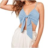 Geilisungren Damen Sommer Bauchfrei Bandeau Sexy V-Ausschnitt Spaghetti Tank Tops Einfarbige Kurz Weste Schleife Knote Crop Oberteile Leibchen B