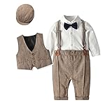 T TALENTBABY Baby Jungen Smoking Taufe Hochzeitskleidung Sets Strampler Shirt + Weste + Hosenträger + Hut + Fliege 5er Kleinkind Blazer Outfit Gentleman Anzug, Braun, 3-6 M