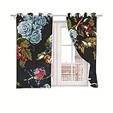 LucaSng 3D Gedruckte Digitale Vorhänge Wärmeisoliert 264x215 CM Schwarzer Hintergrund Blau Blumen Pflanzen Vögel Polyester Kinderzimmer Badezimmer Vorhänge Fenster Behandlungen 2 Stück Set Beschattung