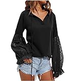 IFOUNDYOU Bluse Langarmshirt Damen Elegant Langarm Tunika mit Kordelzug Patchwork V-Ausschnitt Blusen Einfarbig Laternenhülle Netzstoff Shirts Oberteile Damen Casual Lose Transparent Blusentop