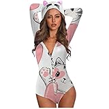 Graceyo Damen Jumpsuit Bodysuit Sexy Tiefer V-Ausschnitt Bodys Overall Bodycon Shorts Langarm Rückenfrei Onsies Strampler mit Katzenohrhut Einteiler Playsuit Pyjama Babydoll Lustig Druck Unterw