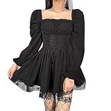 Lazzboy Halloween Kostüm Damen Prinzessin Kleid Frauen Spitze Splice Punk Party Langarm Mittelalter Renaissance Gothic Retro Kleider Cosplay Bodenlangen Ballkleider Kleidung (S,Schwarz)