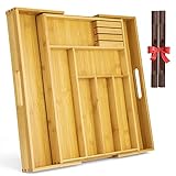 Besteckkasten für Schubladen Bambus MIXJOY Besteckkasten Holz Schubladen-Einsatz Küchen Besteck Organizer größenverstellbarer ausgezogen 6-8 Fächer mit praktischem MESSERBLOCK und 2pcs PVC