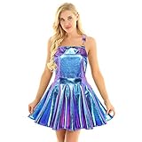 iEFiEL Damen Leder Lackkleid Latzkleid Schürze mit Tasche Rückenfrei Minikleid A-Linie Gefaltet Faltenrock Metallic Partykleid Fasching Karneval Kostüme Blau M