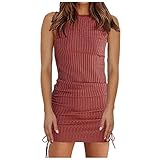 Ärmellos Minikleid Damen Sommerkleid Rundhals Casual Tank Strickkleid Ärmellos Sexy Kleid Unregelmäßige Saum Strandkleid Party Pulloverkleid mit seitlichem Kordelzug Kurz Slim Pullikleid Partyk