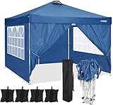 COBIZI Pavillon 3 x 3 WASSERDICHT, Pavillon inkl. Tasche wasserabweisend höhenverstellbar faltbar Pop-up Gartenzelt Partyzelt (3 x 3 m +4Seitenteilen+4Sandsack+Lüftungsschlitze, Blau)