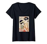 Damen Japanisch Kimono Fächer Vintage Japan Kunst Geisha Ukiyo-e T-Shirt mit V