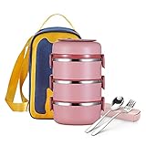 YBOBK HOME Lunchbox Set mit Utensilien und Tasche, stapelbar Edelstahl Thermo Auslaufsicher Zylinder All-in-One Bento Lunchbox Container mit Fächern für Damen und Herren (4-lagig, rosa)