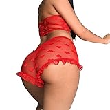 Frecoccialo 2-teiliges Dessous-Set Sexy Frauen Unterwäsche Spitze Blumen Negligee Top BH String Gr. Large,