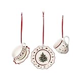 Villeroy und Boch Toy's Delight Decoration Ornamente Geschirrset 3tlg., Ornamente zum Hängen, Premium Porzellan, Tex tilien, Metall, weiß, rot, 6,3