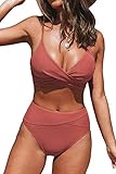 CUPSHE Damen Bikini Set Crossover Bustier High Waist Bikini Bademode Elegant Zweiteiliger Badeanzug Swimsuit Ziegelrot XL