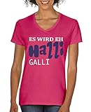 Comedy Shirts - Es wird eh Halli Galli - Damen V-Neck T-Shirt - Pink/Weiss-Lila Gr. XXL