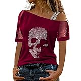 Damen Spitze Bluse Schulterfrei T Shirt Oberteile Tops Sexy Longshirt Elegant Sweatshirt Diamant Glitzer Druck Kurzarm Shirt Pullover Mode Schlank Tunika Shirts Frühling und Sommer Streetw