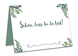 50 Tischkarten oder Platzkarten Hochzeit, Geburtstag, Taufe, Kommunion, Konfirmation mit Blumen und Schön DASS du da bist Bedruckt (Eukalyptus)