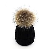 feifanshop Damen Echtfell Waschbär Fell Pelz Bommel Strick Mütze Winter-Mütze Bommelmü