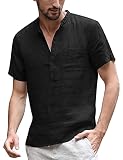 COOFANDY Herren Baumwolle Leinen Henley Shirt Langarm Hippie Casual Beach T-Shirts,Schwarz,L