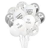 Geburtstag Luftballons Set,GRESATEK Silber Party Dekorationen 14er Pack,Silber Konfetti Latex Luftballons,Metallic Silber Luftballons,Happy Birthday Weiße Luftb