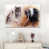 FOMBV leinwand Bilder wandbild Wolf Tiere mit indianischen Mädchen gefiederte Leinwand Malerei Plakate und Drucke Nordic Wall Picture Wohnzimmer Dekor-60x80