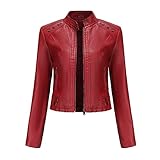 SCLDX Damen Kunstlederjacke - Mode Pu Leder Niet Stehkragen Kurze Jacke - Frühling Herbst Motorrad Bombermantel Langarm Slim Casual Outwear,Weinrot,XXL