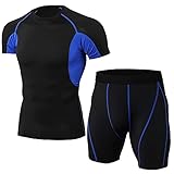 Strand Set Herren Basic Rundhals Stretch Kurzarm Herren Shirt Slim Fit Spleißen Farbkontrast Herren Set Bodybuilding Fitness Workout Herren Sport Set A-Black Blue L