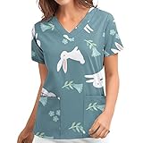 Kasack Damen Pflege Günstig Ostern Hase Drucken Medizinische Bunt Pfleger-Top Berufskleidung Wrap Berufsbekleidung Tops Multiple Verkleidung T-Shirt Schlupfhemd Schlupfkasack Kasacks Damen Einfarbig
