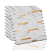 Soulscrafts 5 Bögen zum Abziehen und Aufkleben, PVC, weißer Marmorstein mit goldfarbenem Metallstreifen, Mosaik-Wanddekoration, Aufkleber für Küche, Badezimmer, 30,5 x 30,5