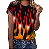 Komiseup T-Shirt Damen Trendige Sommer T-Shirts Tie Dye Schwindel Druck Kurzarm Rundhals Oberteile Bluse Frauen Teenager-Mädchen Y2k Fashion Flammendruck Top Tunika Jumper S