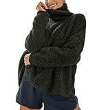 Aststle Damen Casual Loose Fit Hoher Rollkragenpullover Langarm Einfarbig Pullover Tops Flauschig Warm Strickwaren Freizeit, armee-grün, M