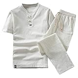 XUEBing Herren Sommer Outfits 2 Stück Sets Baumwolle und Leinen Kurzarm Shorts Set Anzug Trainingsanzug Outdoor Freizeitanzug, weiß, XXXXX-Larg