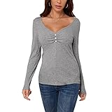 Herbst Und Winter Casual Fashion Damen V-Ausschnitt Einfarbig Langarm Slim T-Shirt Shirt DREI KnöPfe Dekoratives Boden T-Shirt Eng Anliegendes Pullover Top D