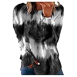 Damen V-Ausschnitt Bluse 3/4 Ärmel Tunika Reißverschluss Longshirt Langarm Hemd Tops T-Shirt Oberteile Knopfleiste mit Taschen(Black, S)