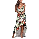 LSFYSZD Damen Sommer Blumendruck Rüschen Tiefer V-Ausschnitt Ärmellos Spaghettiträger Casual Maxi Strand Party Langes Kleid, Rot Schwarz Grün, X-Larg