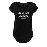 Sommer Rundhals Top Hakuna Matata Damen Oversize Shirt mit Spruch Oversized Longshirt (95-B36-Schwarz-M)