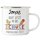 Kiddle-Design Einschulung Emaille Tasse Schulanfang 2021 Personalisiert Name & Jahr | Geschenk-Idee für das Schulkind Einschulungsgeschenk