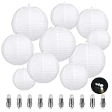 LIHAO 10er weiße Papier Laterne Lampions rund Lampenschirm mit 10 Pcs Warmweiß Mini LED-Ballons Lichter Hochtzeit Dekoration Papierlaterne (Verschiedene Größen)