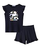 Bricnat Mädchen Pyjama Einhorn Kurz 128 Zweiteiliger Schlafanzug Kinder Unicorn Baumwolle Ärmellos 1 T-Shirt& 1 Hose 122 Sommer Dunkelblau 130