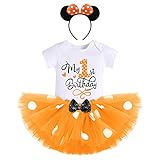 FYMNSI Baby Mädchen Mein 1. Geburtstag Outfit Erstes Halloween Partykleid Minnie Maus Gepunktet Tütü Rock Baumwolle Kurzarm Body Strampler mit Ohr Stirnband 3tlg Bekleidungsset Orange 1 J