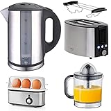 TronicXL Wasserkocher + 2-Schlitz Toaster mit Brötchen-Aufsatz + Saftpresse + Eierkocher Frühstück-Set Frühstücks-Set I Brot Toast mit Aufback- und Auftau-funktion I Edelstahl Frühstück