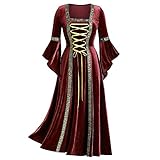 Lazzboy Halloween Kostüm Damen Karneval Bandage Langarm Robe Lange Kleid Mittelalter Trompetenärmel Bodenlanges Retro Gothic Renaissance Viktorianisches Cosplay Kleidung (S,Wein)