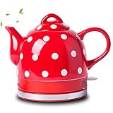 Keramik Wasserkocher 1000W Roter kabelloser Wasserkocher 1L BPA-Frei Schnellkochfunktion Abschaltautomatik Trockenlaufschutz ideal für Tee Kaffee Babynahrung