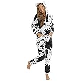 Winter Lang Jumpsuit Damen Elegant Drucken Trainingsanzug Playsuit mit Reißverschluss Hosenanzug Schmalem Bein Overall Einteiliger Schlafanzug Onesie mit Kapuze Und Tasche(Schwarz,XXL)