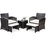 GOPLUS 5tlg. Rattanmöbel, Poly Rattan Gartenmöbel, Lounge Set aus 1 Tisch & 2 Stühlen & 2 Ottomanen, Kissen mit Abnehmbarem & Waschbarem Bezug, für Balkon Garten Bar Terrasse (Weiß)