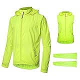 Fahrradjacke Herren Wasserdicht Atmungsaktiv Sommer Fahrradweste mit Abnehmbaren Ärmeln Reflektierend Radjacke mit Kapuze Laufjacke Sportjacke Windjacke,Grün,XL