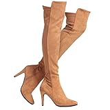 Shoe'N Tale Damen Overknee-Stiefel aus Velourslederimitat mit klobigem Absatz, Stretch, Overknee-hoch, (C-brauner Stiletto-Absatz), 37.5 EU