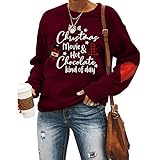 Kookmean Oberteile für Frauen, Casual Herbst Damen Weihnachten Pullover Sweatshirt Langarm Rundhals Lose T-Shirt Tops Bluse, wein, 48