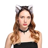 Doeheah Katzenohren Haarreif Fuchsohren Stirnband Neko Ears Haarnadel niedlich Haarschmuck Halloween Kostüm Anime Lolita Cosplay Mädchen Damen und Kinder Weiß+Schw