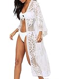 Uniquestyle Damen Spitze Bikini Cover Up Sommer Strand Badeanzug Bedecken Pareos Kimono Cardigan Strandkleid Lang One Size Weiß B