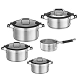 RÖSLE SILENCE PRO Topf-Set 5-tlg., Universaltopfset mit 3 Kochtöpfen, 1 Bratentopf und 1 Stielkasserolle, Edelstahl 18/10, Glasdeckel, Innenskalierung, induktions- und spülmaschinengeeig